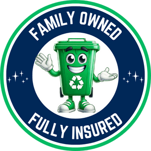 a green recycle bin with a cartoon character