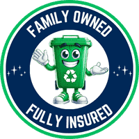 a green recycle bin with a cartoon character family owned. Trash can cleaning