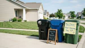 Clean residential trash bins with a playful home maintenance reminder concept showing routine trash bin cleaning for homeowners