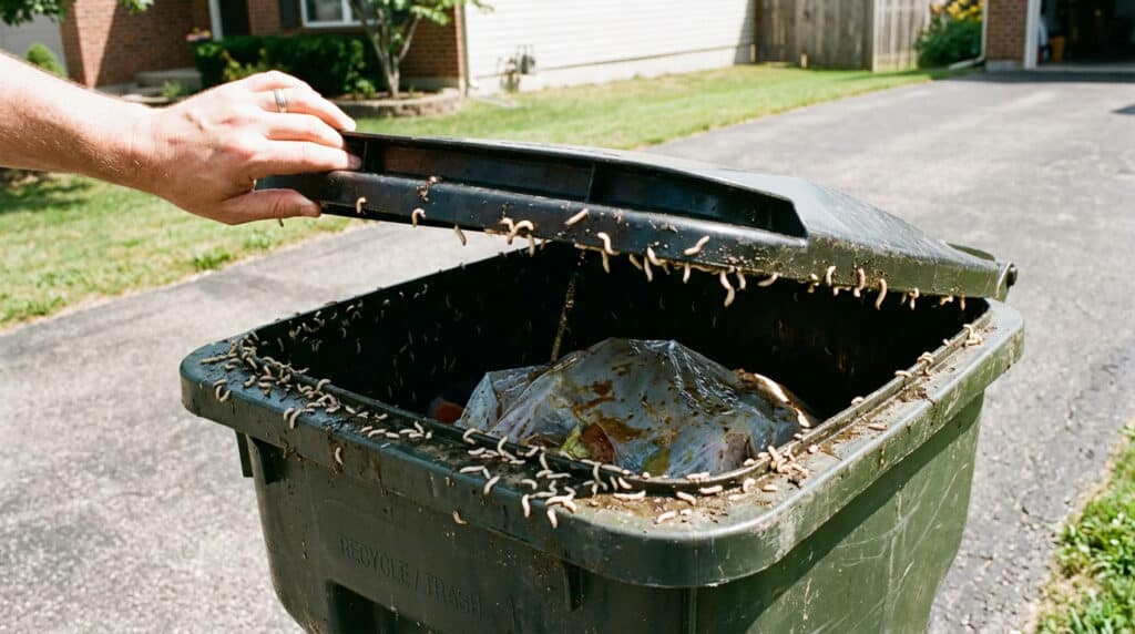 Maggots crawling inside a residential trash can on a hot summer day in a suburban driveway