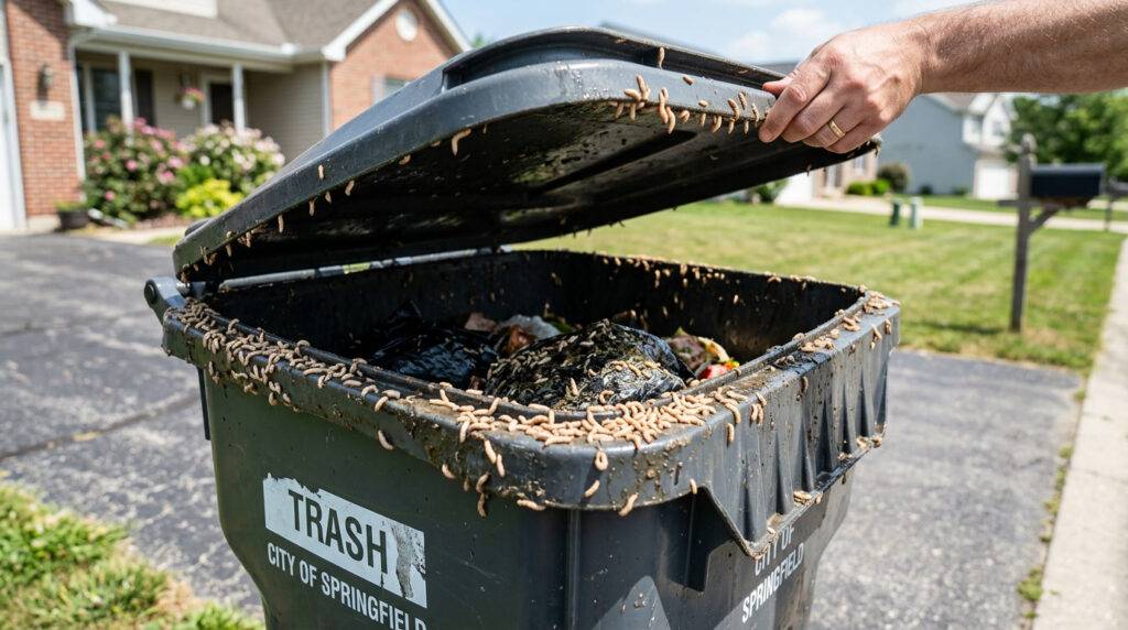 maggots crawling inside a residential trash can